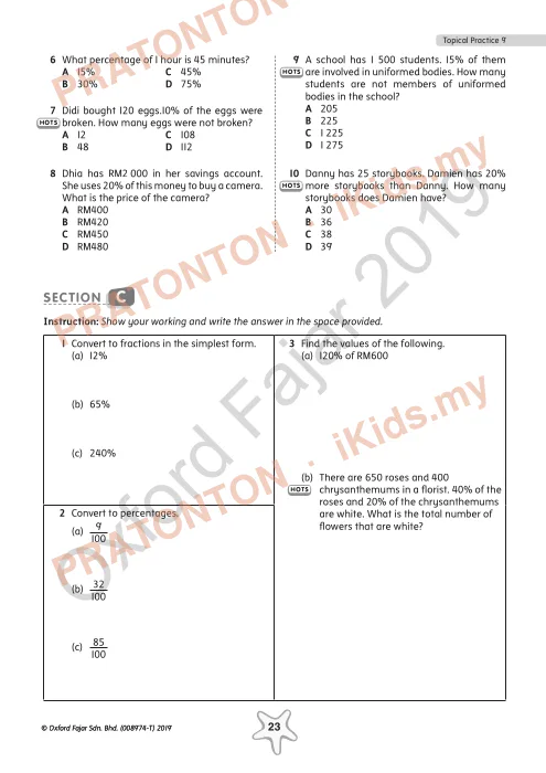 Pratonton muka 2 lembaran Latihan Topikal Matematik Tahun 5 — Peratus (Bahasa Inggeris) — Matematik Tahun 5