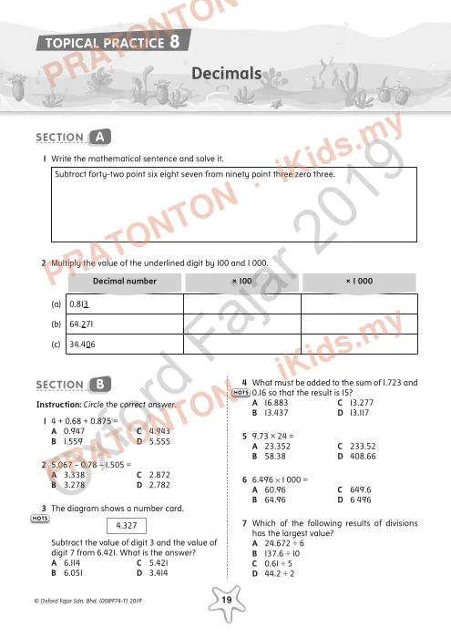Pratonton muka 1 lembaran Latihan Topikal Matematik Tahun 5 — Perpuluhan (Bahasa Inggeris) — Matematik Tahun 5
