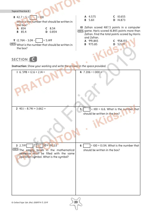 Pratonton muka 2 lembaran Latihan Topikal Matematik Tahun 5 — Perpuluhan (Bahasa Inggeris) — Matematik Tahun 5