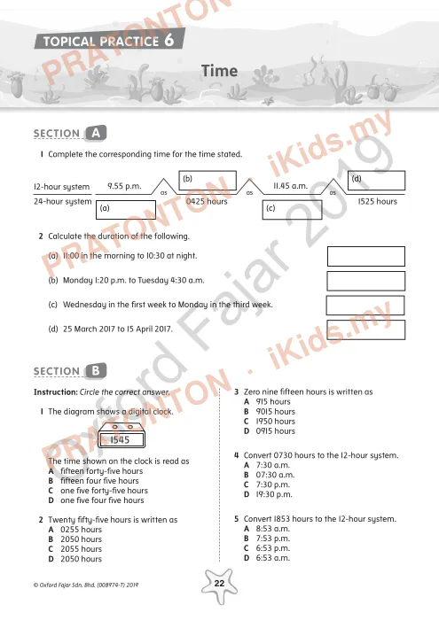 Pratonton muka 1 lembaran Latihan Topikal Matematik Tahun 6 — Masa (Bahasa Inggeris) — Matematik Tahun 6
