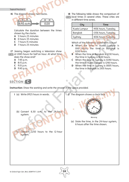 Pratonton muka 3 lembaran Latihan Topikal Matematik Tahun 6 — Masa (Bahasa Inggeris) — Matematik Tahun 6