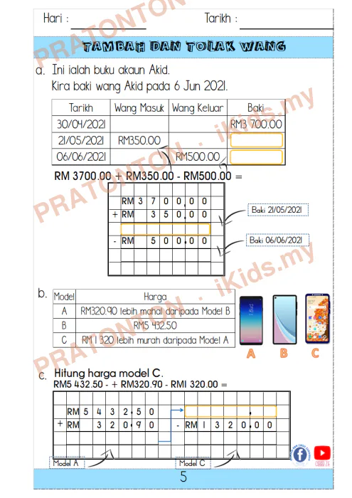 Pratonton muka 6 lembaran Latihan Wang — Matematik Tahun 3