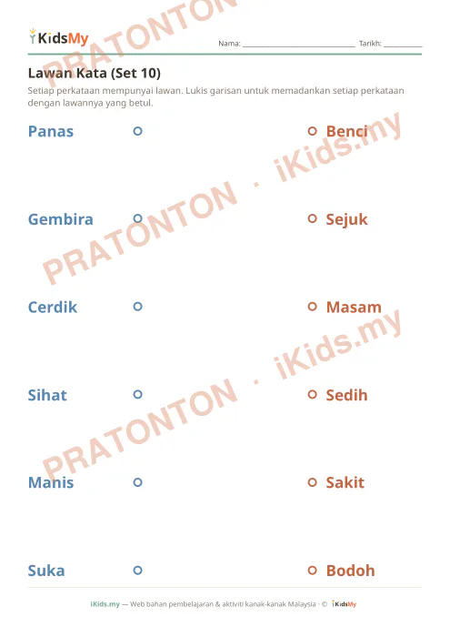 Pratonton muka 1 lembaran Lawan Kata (Set 10) — Bahasa Melayu Tahun 2