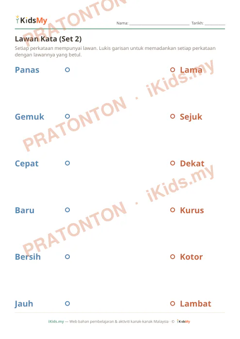 Pratonton muka 1 lembaran Lawan Kata (Set 2) — Bahasa Melayu Tadika (2-6)