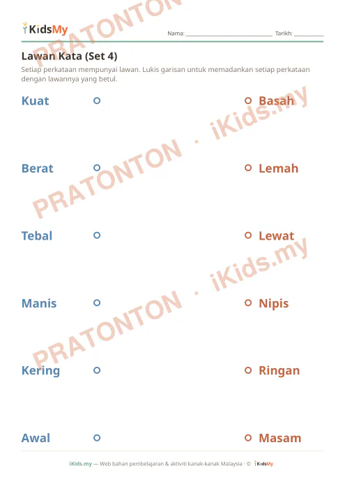Pratonton muka 1 lembaran Lawan Kata (Set 4) — Bahasa Melayu Tahun 1