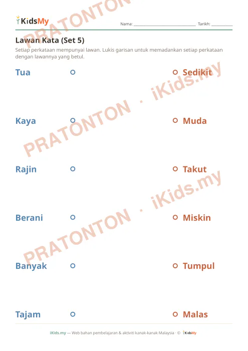 Pratonton muka 1 lembaran Lawan Kata (Set 5) — Bahasa Melayu Tahun 1