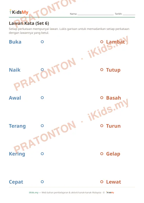 Pratonton muka 1 lembaran Lawan Kata (Set 6) — Bahasa Melayu Tahun 2