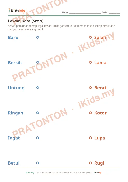 Pratonton muka 1 lembaran Lawan Kata (Set 9) — Bahasa Melayu Tahun 2