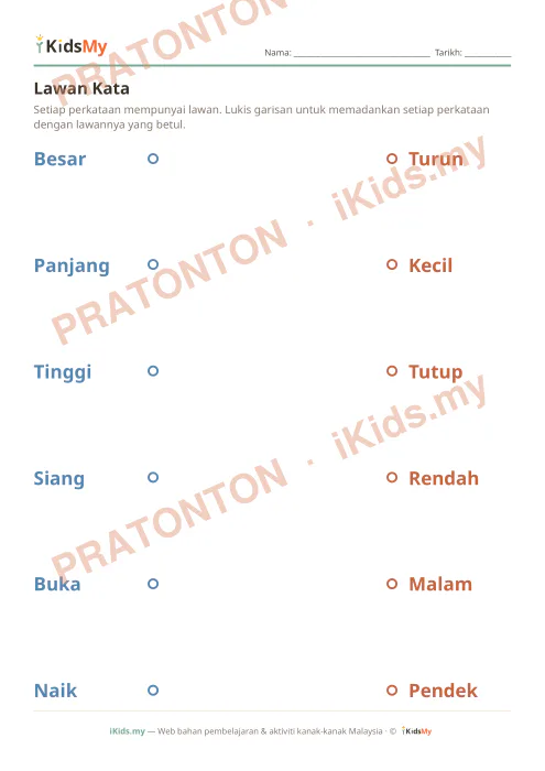 Pratonton muka 1 lembaran Lawan Kata — Bahasa Melayu Tadika (2-6)