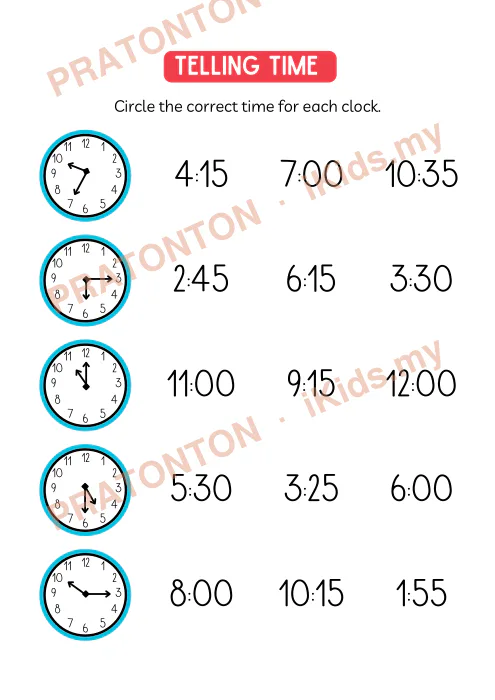 Pratonton muka 2 lembaran Learning to Tell Time Worksheets — Matematik Tahun 3
