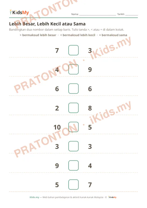Pratonton muka 1 lembaran Lebih Besar, Lebih Kecil atau Sama — Matematik Tahun 1