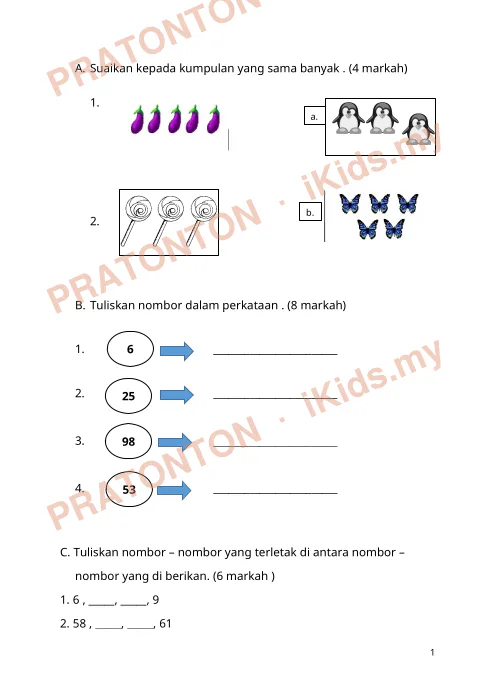 Pratonton muka 1 lembaran ________________________ — Matematik Tahun 1