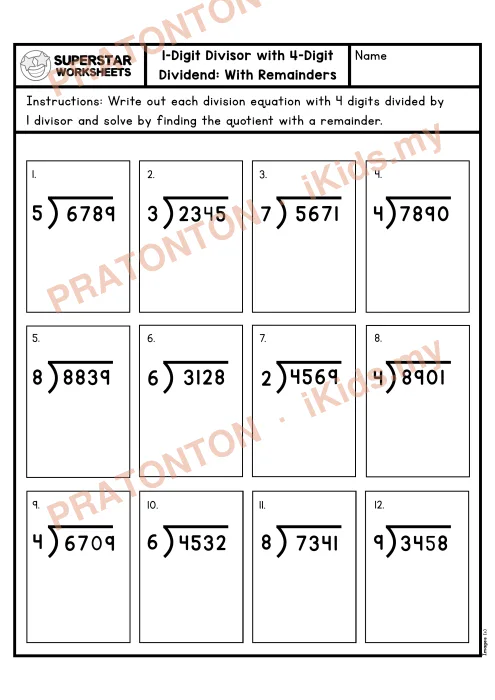 Pratonton muka 1 lembaran Lembaran Kerja Bahagi Panjang — 4 Digit Dengan Baki (Set 1) — Matematik Tahun 5