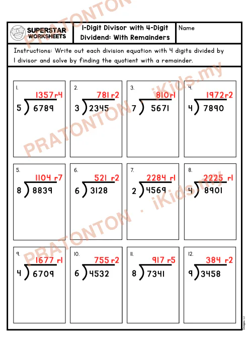 Pratonton muka 2 lembaran Lembaran Kerja Bahagi Panjang — 4 Digit Dengan Baki (Set 1) — Matematik Tahun 5