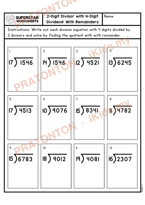 Pratonton muka 1 lembaran Lembaran Kerja Bahagi Panjang — 4 Digit Dengan Baki (Set 2) — Matematik Tahun 5