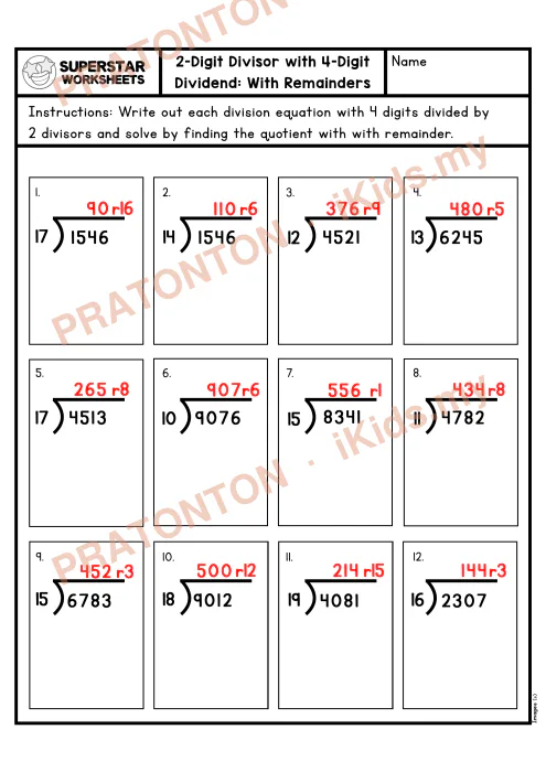 Pratonton muka 2 lembaran Lembaran Kerja Bahagi Panjang — 4 Digit Dengan Baki (Set 2) — Matematik Tahun 5