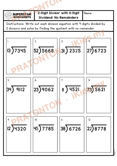 Pratonton muka 1 lembaran Lembaran Kerja Bahagi Panjang — 4 Digit Tanpa Baki — Matematik Tahun 5