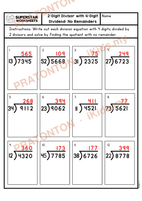 Pratonton muka 2 lembaran Lembaran Kerja Bahagi Panjang — 4 Digit Tanpa Baki — Matematik Tahun 5