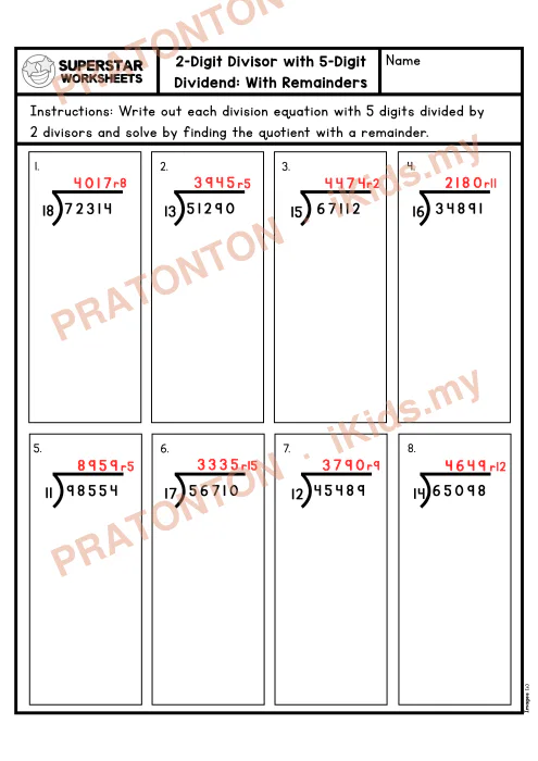 Pratonton muka 2 lembaran Lembaran Kerja Bahagi Panjang — 5 Digit Dengan Baki — Matematik Tahun 5