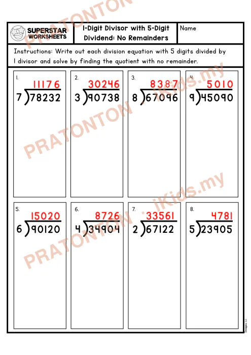 Pratonton muka 2 lembaran Lembaran Kerja Bahagi Panjang — 5 Digit Tanpa Baki (Set 1) — Matematik Tahun 5