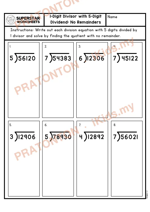 Pratonton muka 1 lembaran Lembaran Kerja Bahagi Panjang — 5 Digit Tanpa Baki (Set 2) — Matematik Tahun 5