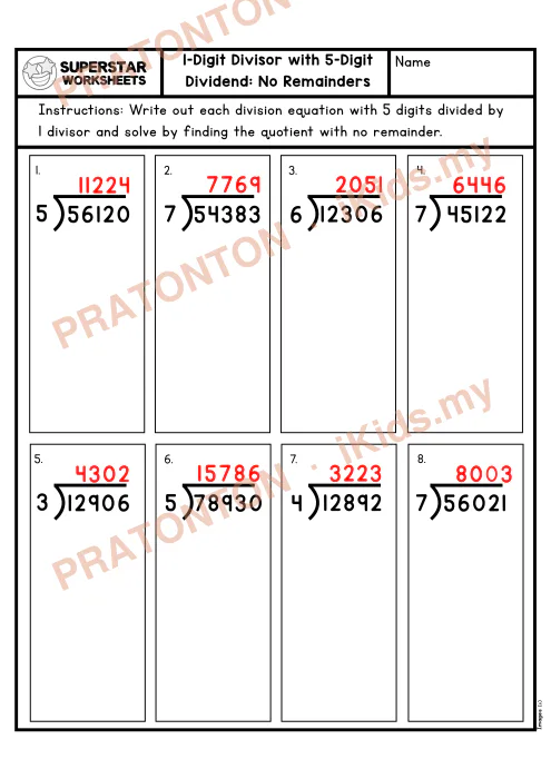 Pratonton muka 2 lembaran Lembaran Kerja Bahagi Panjang — 5 Digit Tanpa Baki (Set 2) — Matematik Tahun 5