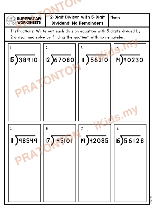 Pratonton muka 1 lembaran Lembaran Kerja Bahagi Panjang — 5 Digit Tanpa Baki (Set 3) — Matematik Tahun 5
