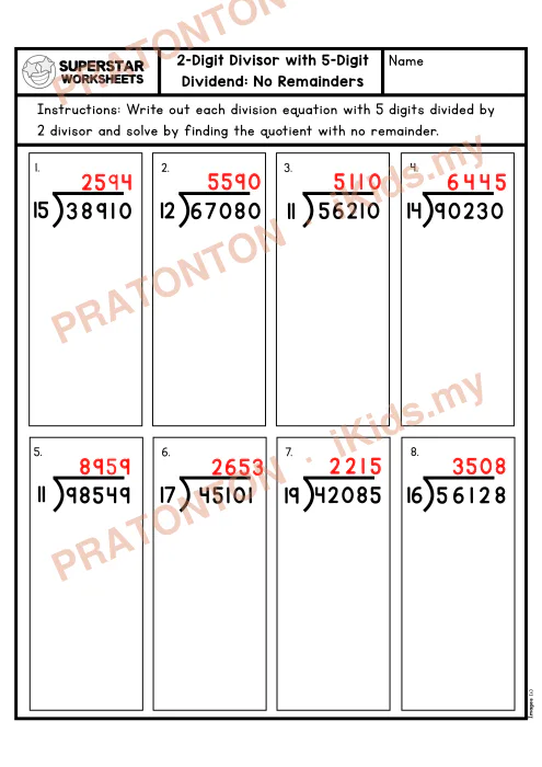 Pratonton muka 2 lembaran Lembaran Kerja Bahagi Panjang — 5 Digit Tanpa Baki (Set 3) — Matematik Tahun 5