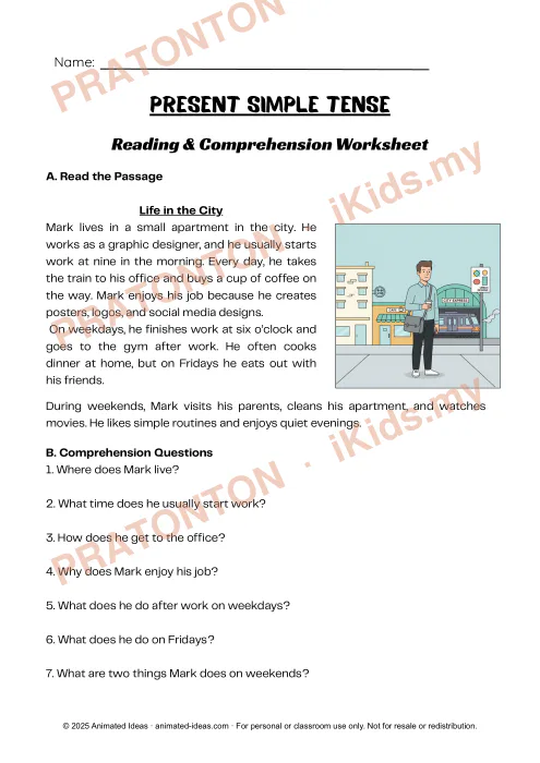 Pratonton muka 1 lembaran Lembaran Kerja Bahasa Inggeris — Present Simple Tense — Bahasa Inggeris Tahun 6