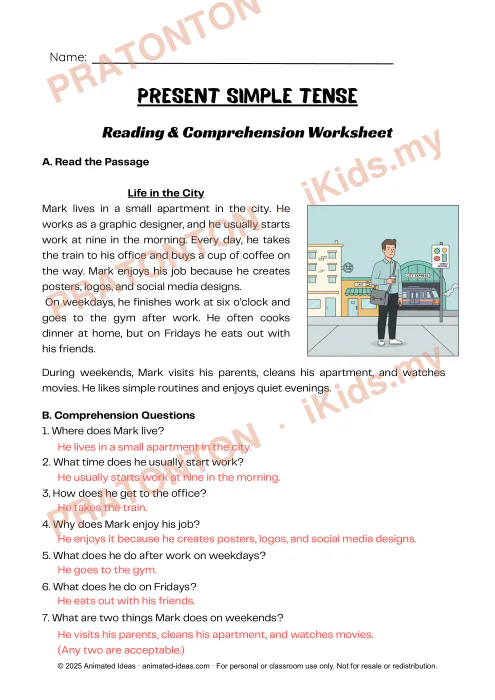 Pratonton muka 6 lembaran Lembaran Kerja Bahasa Inggeris — Present Simple Tense — Bahasa Inggeris Tahun 6