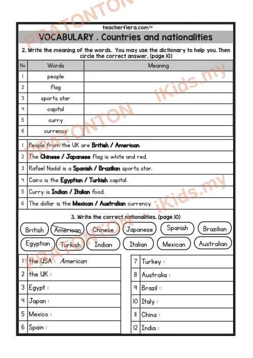 Pratonton muka 2 lembaran Lembaran Kerja Bahasa Inggeris Tahun 5 — Negara dan Kewarganegaraan — Bahasa Inggeris Tahun 5