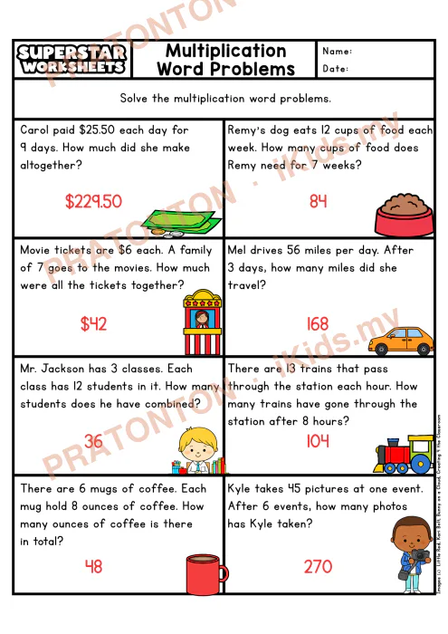 Pratonton muka 2 lembaran Lembaran Kerja Masalah Berayat Darab — Set 1 (Bahasa Inggeris) — Matematik Tahun 5