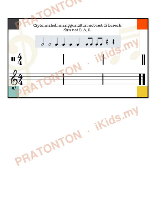 Pratonton muka 1 lembaran Lembaran Kerja Muzik — Cipta Melodi Menggunakan Not B, A dan G — Pendidikan Kesenian Tahun 6