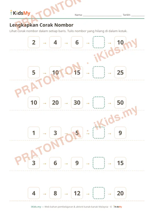 Pratonton muka 1 lembaran Lengkapkan Corak Nombor — Matematik Tahun 1