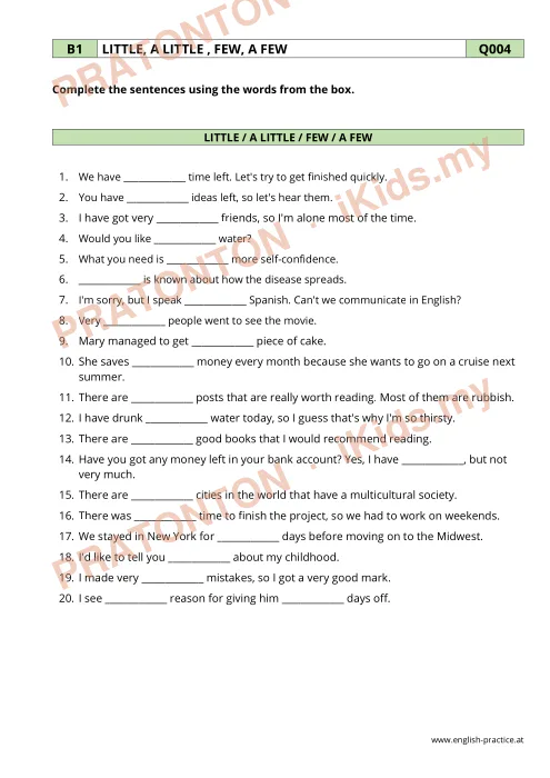 Pratonton muka 1 lembaran LITTLE, A LITTLE , FEW, A FEW — Bahasa Inggeris Tahun 1