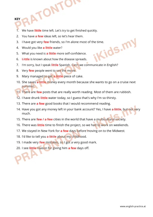 Pratonton muka 2 lembaran LITTLE, A LITTLE , FEW, A FEW — Bahasa Inggeris Tahun 1