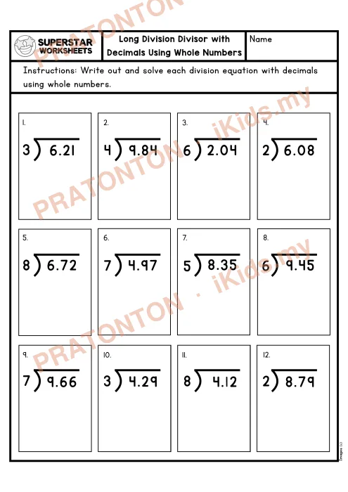 Pratonton muka 1 lembaran Bahagi Panjang dengan Perpuluhan — Set 1 — Matematik Tahun 6