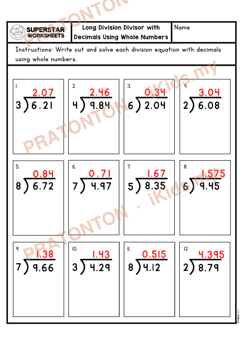 Pratonton muka 2 lembaran Bahagi Panjang dengan Perpuluhan — Set 1 — Matematik Tahun 6