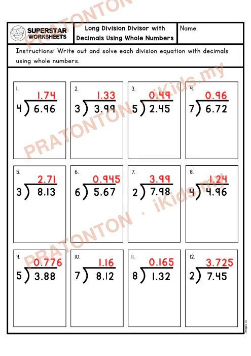 Pratonton muka 2 lembaran Bahagi Panjang dengan Perpuluhan — Set 2 — Matematik Tahun 6