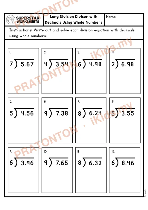 Pratonton muka 1 lembaran Bahagi Panjang dengan Perpuluhan — Set 3 — Matematik Tahun 6