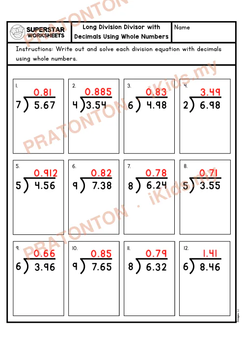 Pratonton muka 2 lembaran Bahagi Panjang dengan Perpuluhan — Set 3 — Matematik Tahun 6