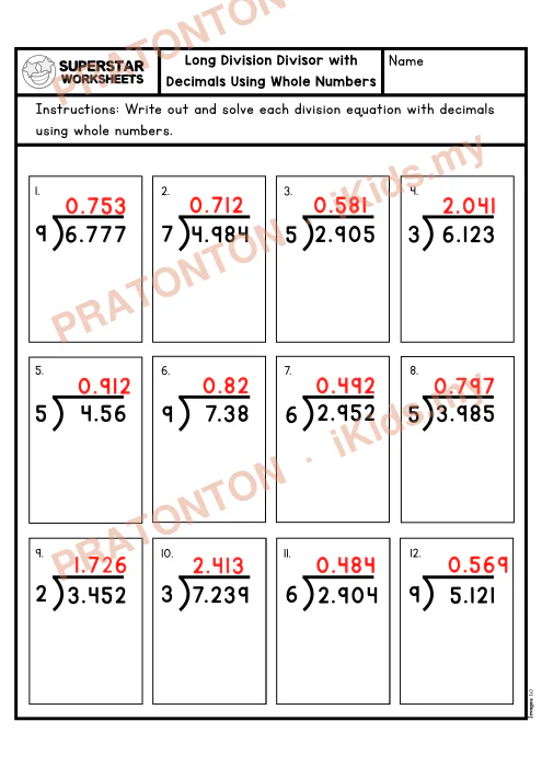 Pratonton muka 2 lembaran Bahagi Panjang dengan Perpuluhan — Set 4 — Matematik Tahun 6