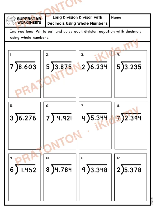 Pratonton muka 1 lembaran Bahagi Panjang dengan Perpuluhan — Set 5 — Matematik Tahun 6