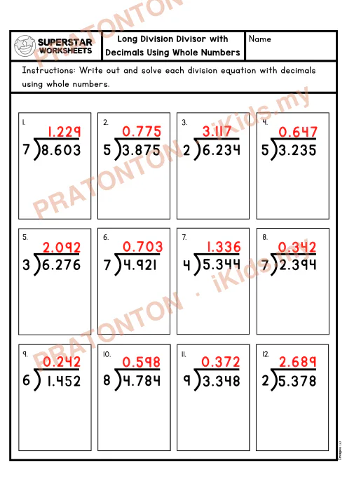 Pratonton muka 2 lembaran Bahagi Panjang dengan Perpuluhan — Set 5 — Matematik Tahun 6
