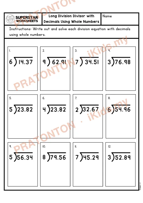 Pratonton muka 1 lembaran Bahagi Panjang dengan Perpuluhan — Set 6 — Matematik Tahun 6