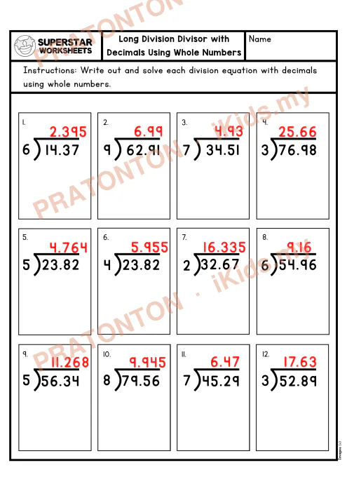 Pratonton muka 2 lembaran Bahagi Panjang dengan Perpuluhan — Set 6 — Matematik Tahun 6