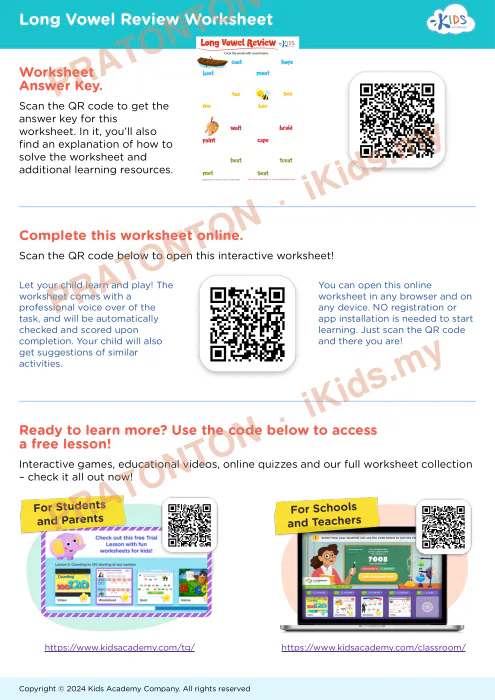 Pratonton muka 2 lembaran Long Vowel Review — Bahasa Inggeris Tahun 2