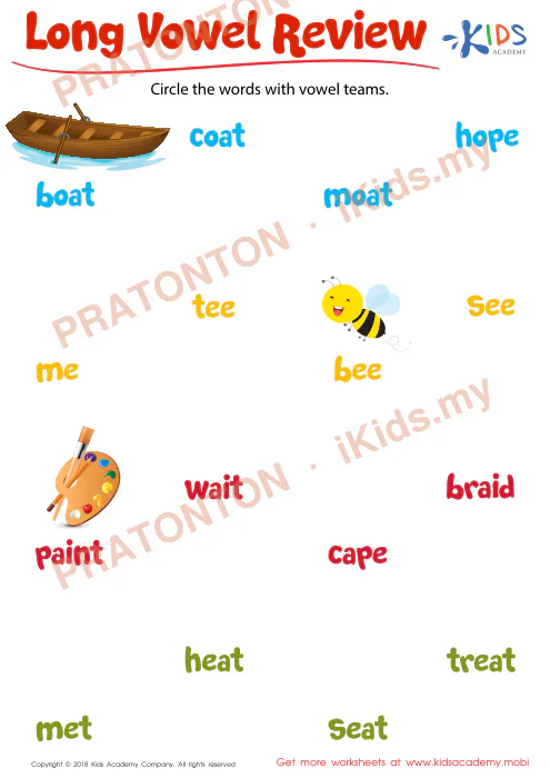 Pratonton muka 1 lembaran Long Vowel Review — Bahasa Inggeris Tahun 2