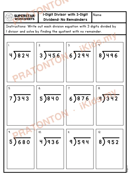 Pratonton muka 1 lembaran LongDivision3Digit4thGradeWorksheetNoRemainder — Matematik Tahun 4