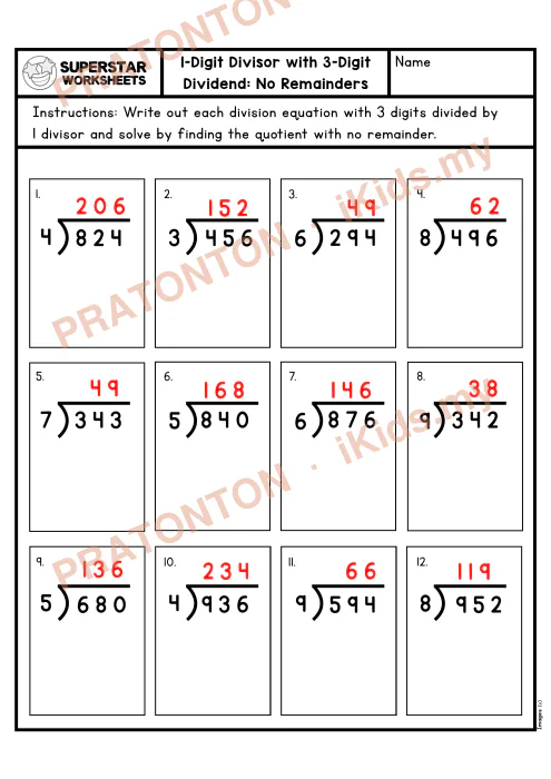 Pratonton muka 2 lembaran LongDivision3Digit4thGradeWorksheetNoRemainder — Matematik Tahun 4